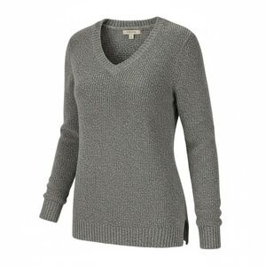 Orvis Sweater Womens Large Gray V Neck Chunky Knit Long Sleeve Pullover